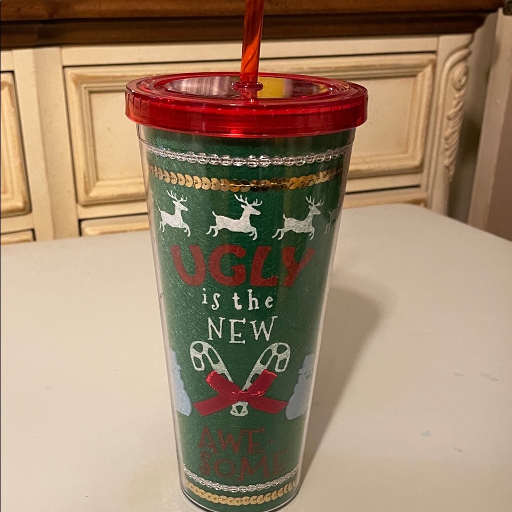 Festive Green Holiday Tumbler with Red Lid